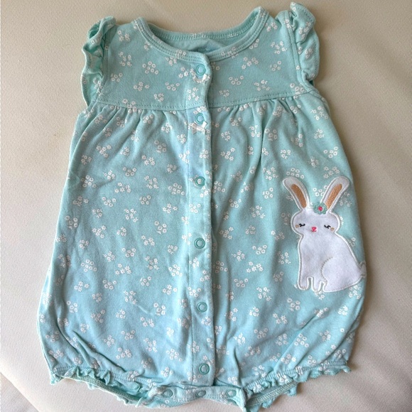 Carter’s Baby Girl Romper 9M Blue White Floral Embroidered Bunny One-Piece - Picture 1 of 6
